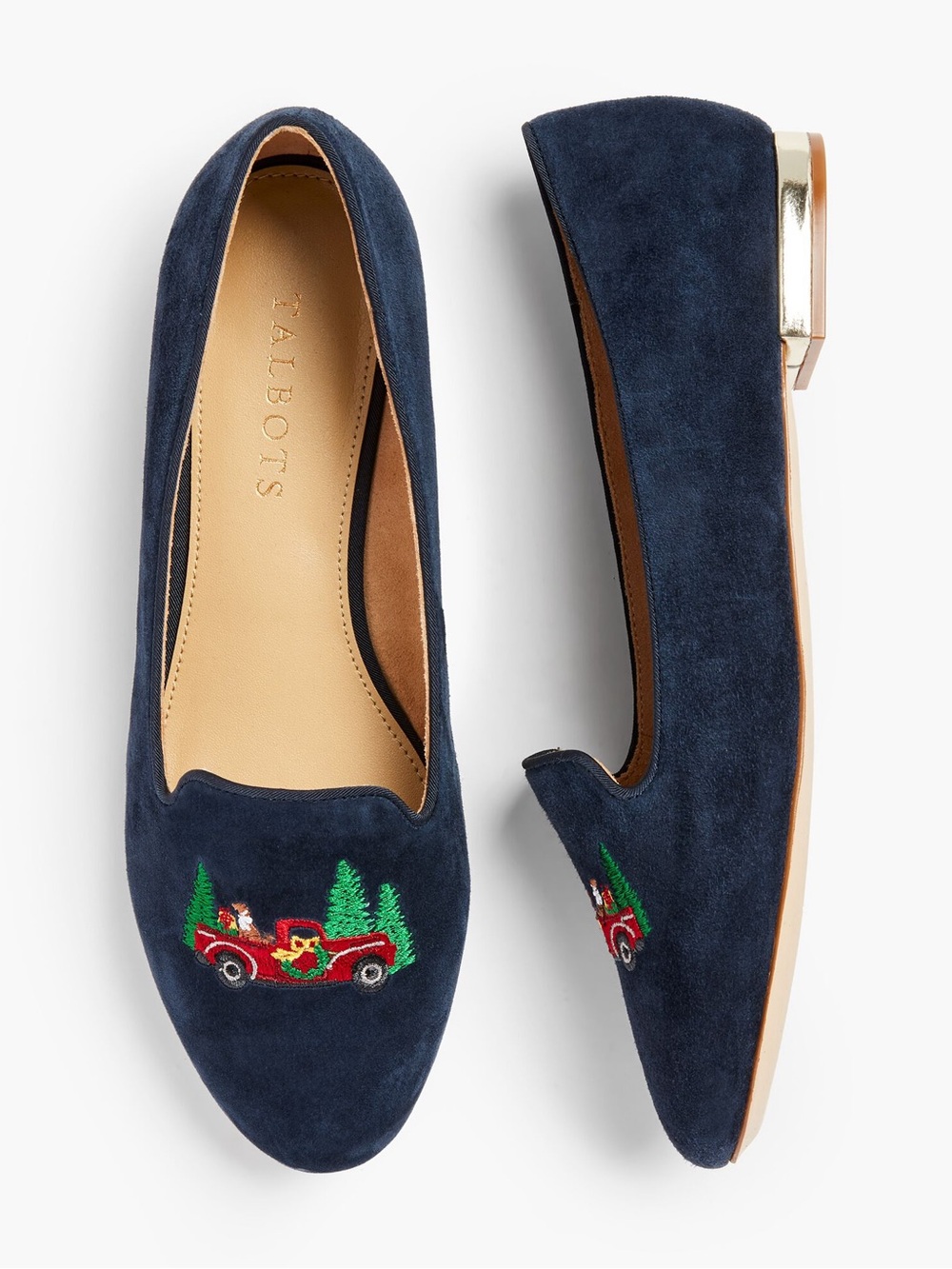 Talbots Navy Blue Suede Christmas Truck Embroidered Ryan Loafers Flats Size 9.5M